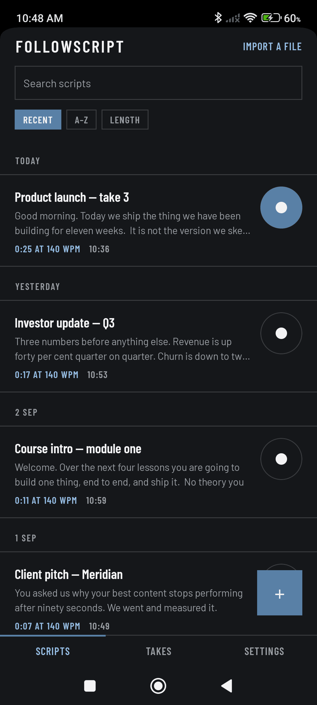 The Followscript script library on Android, listing four scripts with their reading time at 140 words per minute