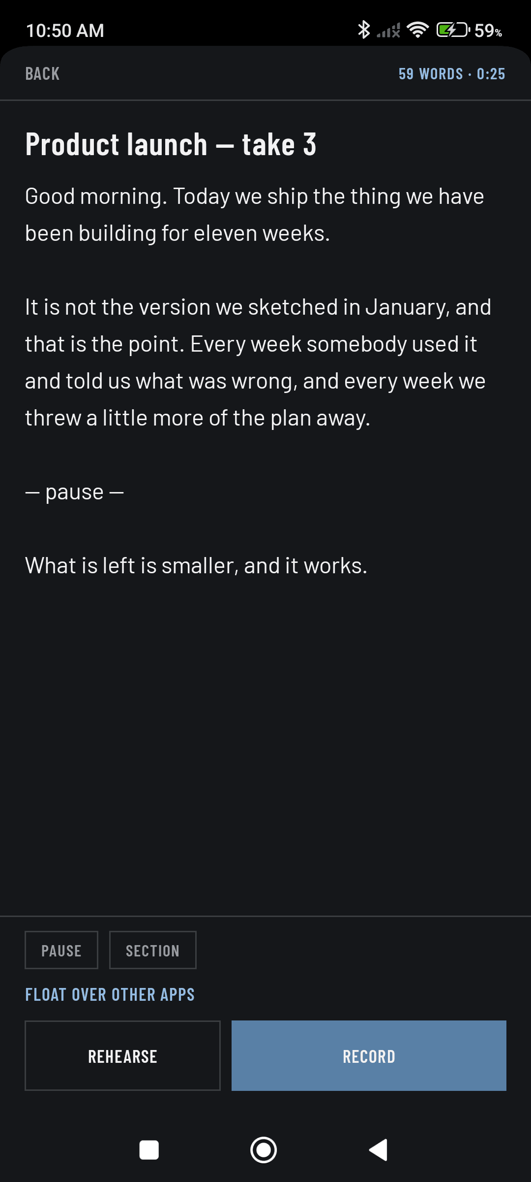 The Followscript script editor with a written script, word count, estimated reading time and the pause and section markers